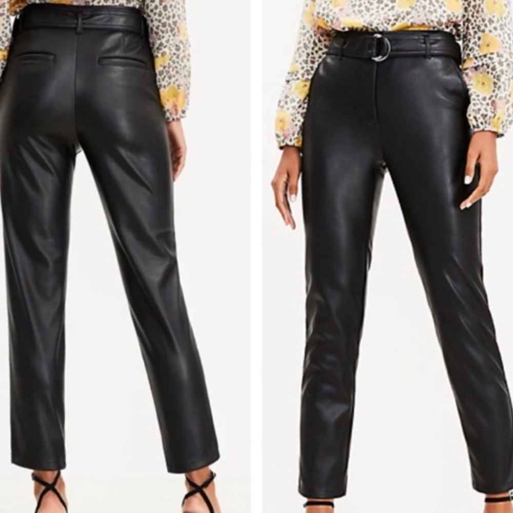 LOFT Black Faux Leather Belted Pants